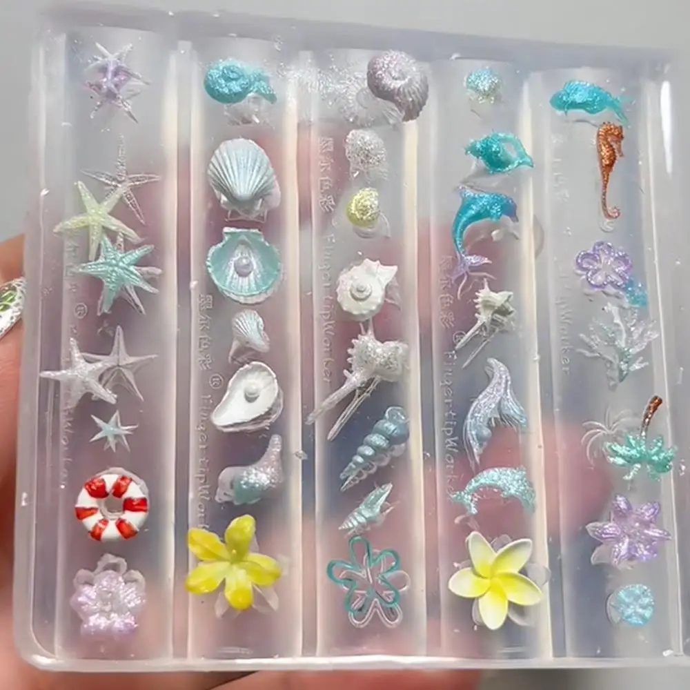 1Pcs Ocean Shell Theme Silicone Nail Mold 3D Conch Starfish Plumeria Coconut Tree Nails Template DIY Seaside Nail Charms Molds