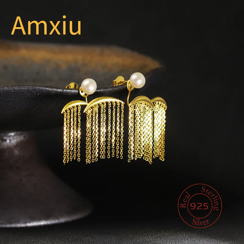 Amxiu Sterling Silver 925 Handmade Tassels Moonlight Smoke Wave Pearl Earrings with New Chinese Style For Woman Birthday Gift