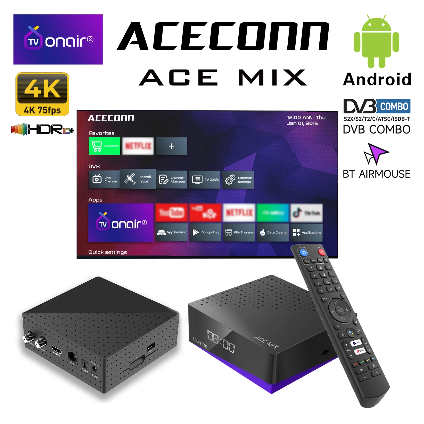 

ACECONN Satellite Receiver Android IPTV Boxes 4K DVB-S2/T2/C TVONAIR3 32GB Player Dual WiFi BT Remote Air Mouse ACEMIX TV Box