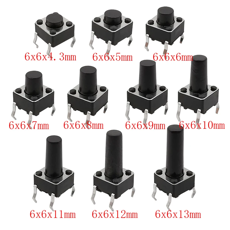 100/180/200Pcs 6*6 Tact Tactile Push Button Switch 4.3mm-13mm DIP 4Pin Micro Switch 6x6 Keys Tact ON/OFF 10 Models for Arduino