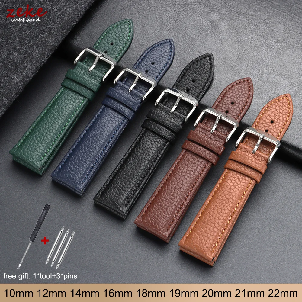 Wristband 10/12/14/16/18/19/20/21/22mm Litchi Pattern Leather Watch Band Strap for Men Women High-quality Watchband with Tools