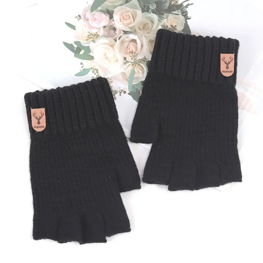 Women Winter Knitted Fingerless Short Half Finger Gloves Writting Office Warm Finger Thick Gloves for Men Driving Mittens