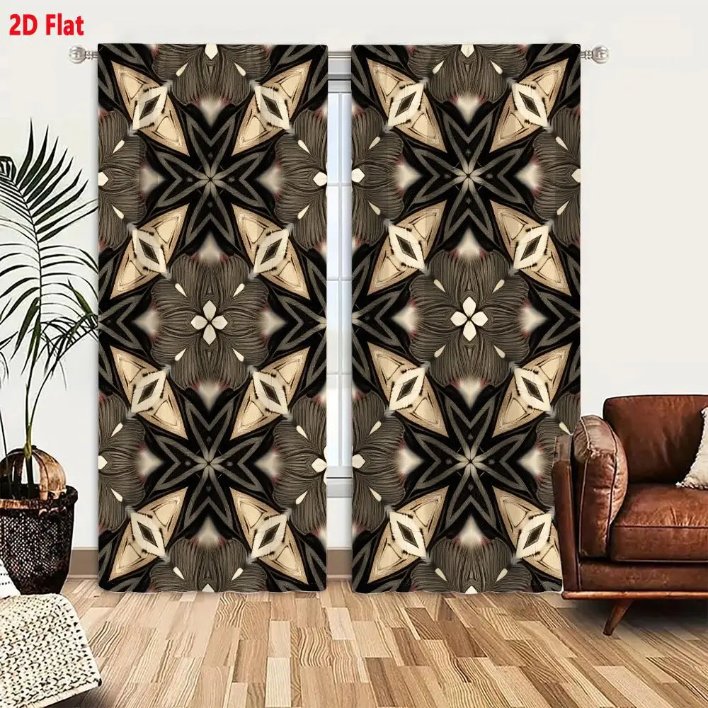 2Pcs Curtains Add 2D Flat Geometric Kaleidoscope Pattern With Stylized Flower Motifs In Muted Earthy Tones And Art Deco Style Wi