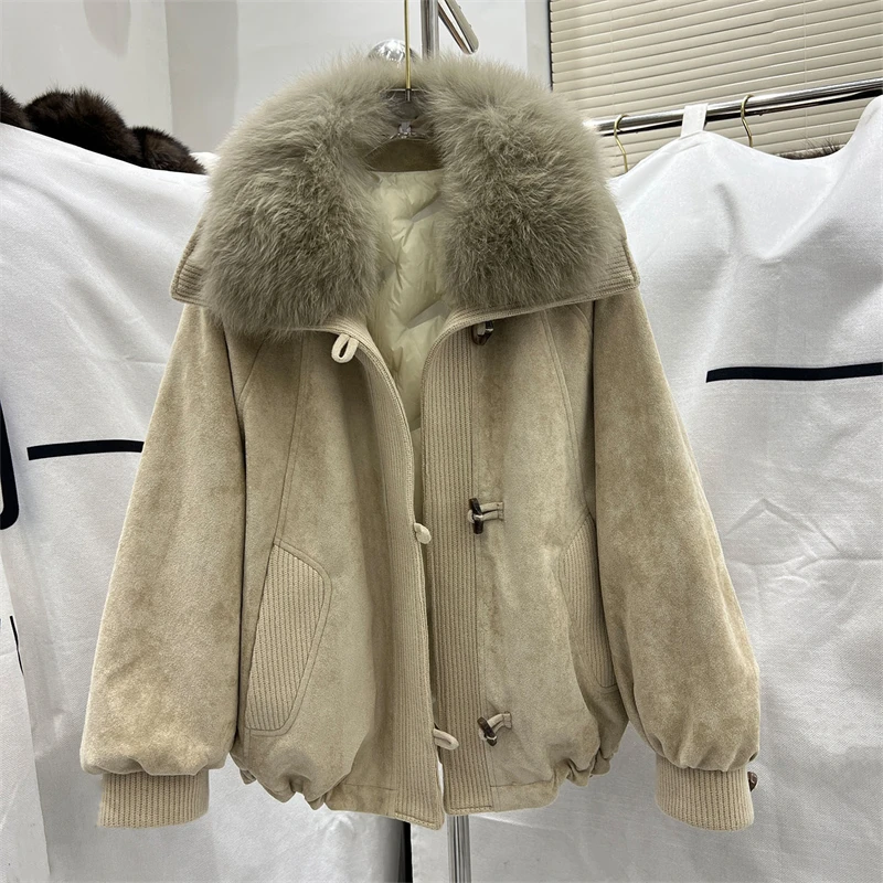 High Grade 2026 Winter Women Suede Short Down Jacket Big Fox Fur Collar Warm Spliced Luxury Casual Ladies Winter Outerwear Coat