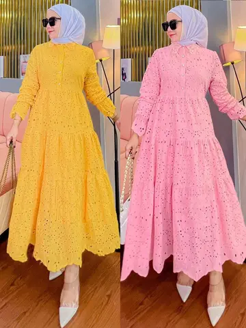 Jalabiya 여성용 Eid 이슬람 원피스 아바야스 자수 할로우 아웃 레이스 라펠 칼라 긴팔 로브, 여성 파티 드레스