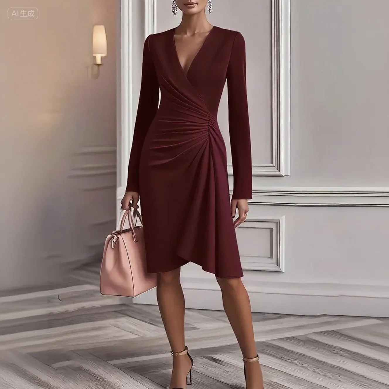 Sexy Slim-Fit-Damenkleid mit einfarbigem, engem Rock und langen Ärmeln und V-förmigem Design
