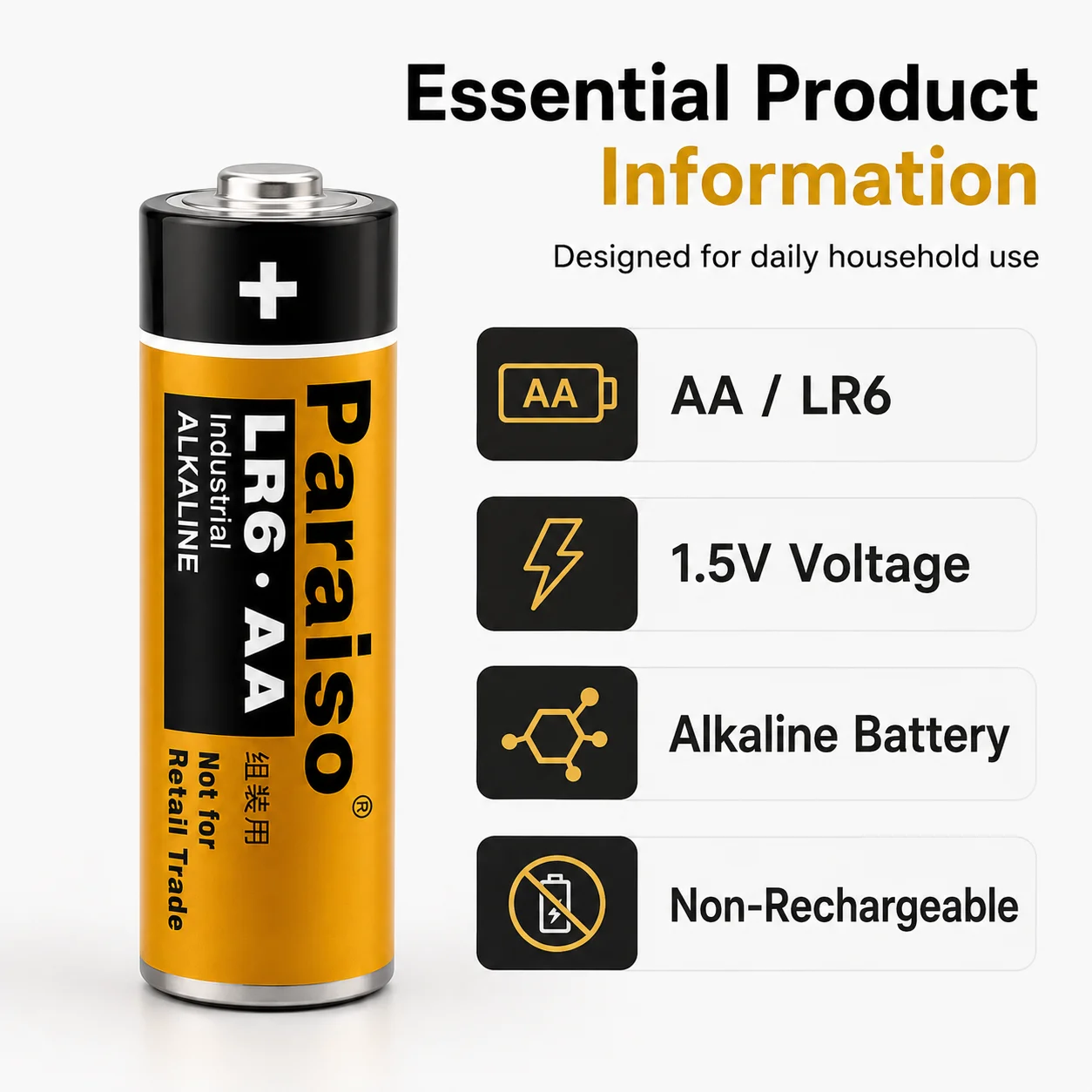 AA LR03 1.5V  Alkaline Battery Non-Rechargeable Battery for Daily Household Use Remote Controls Clocks Toys Flashlights