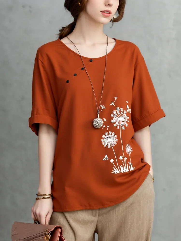 Plus Size Retro Damen Sommer Heißer Verkauf der Saison Lässige rote Kleidung Lose Rundhalsausschnitt Blumendruck Tops Bequeme T-Shirts