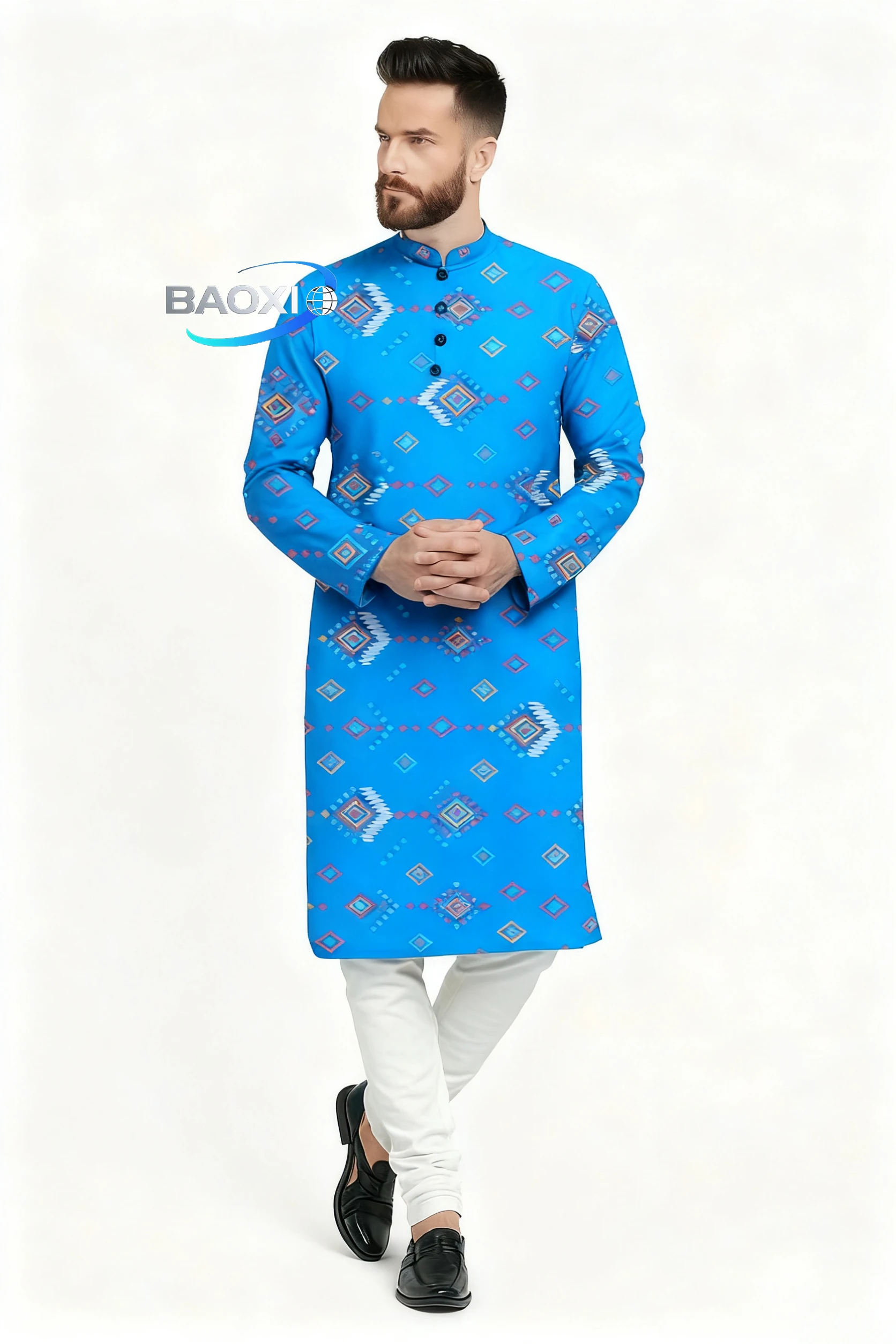 Uomo stampa digitale kurta pensiha vestibilità regolare colletto alla coreana lungo adatto a tutte le occasioni come matrimonio Hari Raya Aidilfitri,