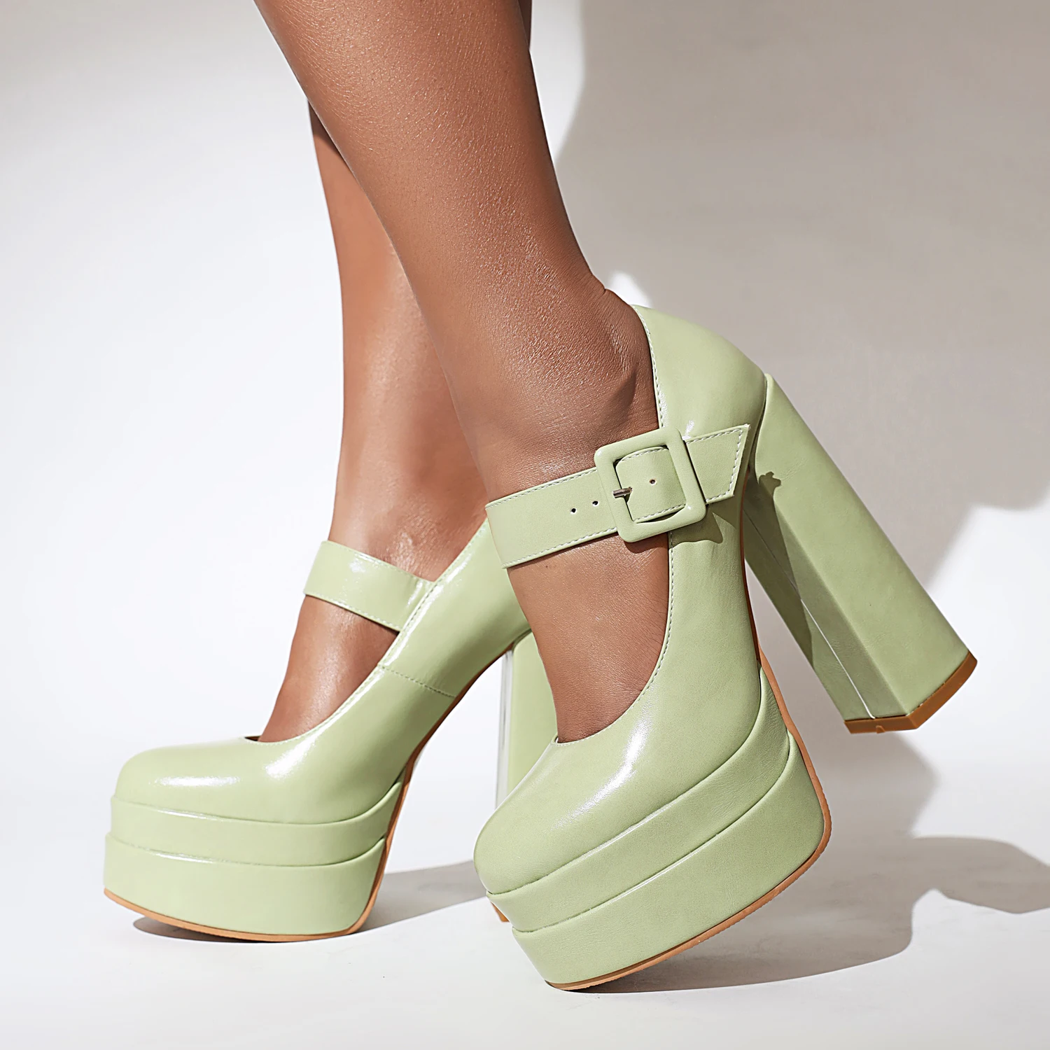 2024 Round Toe Super High Thick Heel Square Button Shallow Pumps Three-Layer Super High Platform Breathable High-Heeled Shoes image 2