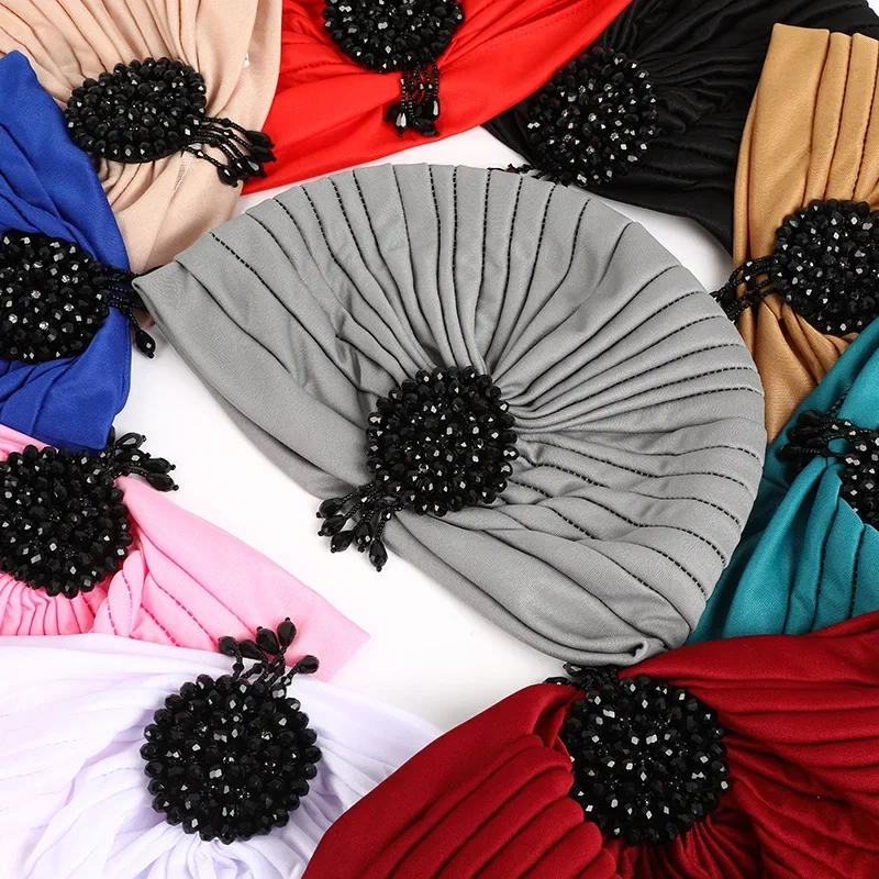 

Мусульманский хиджаб, тюрбан с бусинами, кулон, капот, женская ночная шапка, модный головной убор с рюшами, повязка на голову, шапочки, платок, тюрбан от выпадения волос