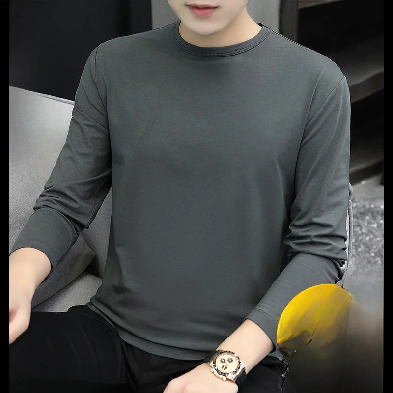 Modal Long Sleeve Crewneck Base Shirt for Men with Sol Cleanfit Style Nine Point Sleeve PU Leather Tshirt Non-fading for City...