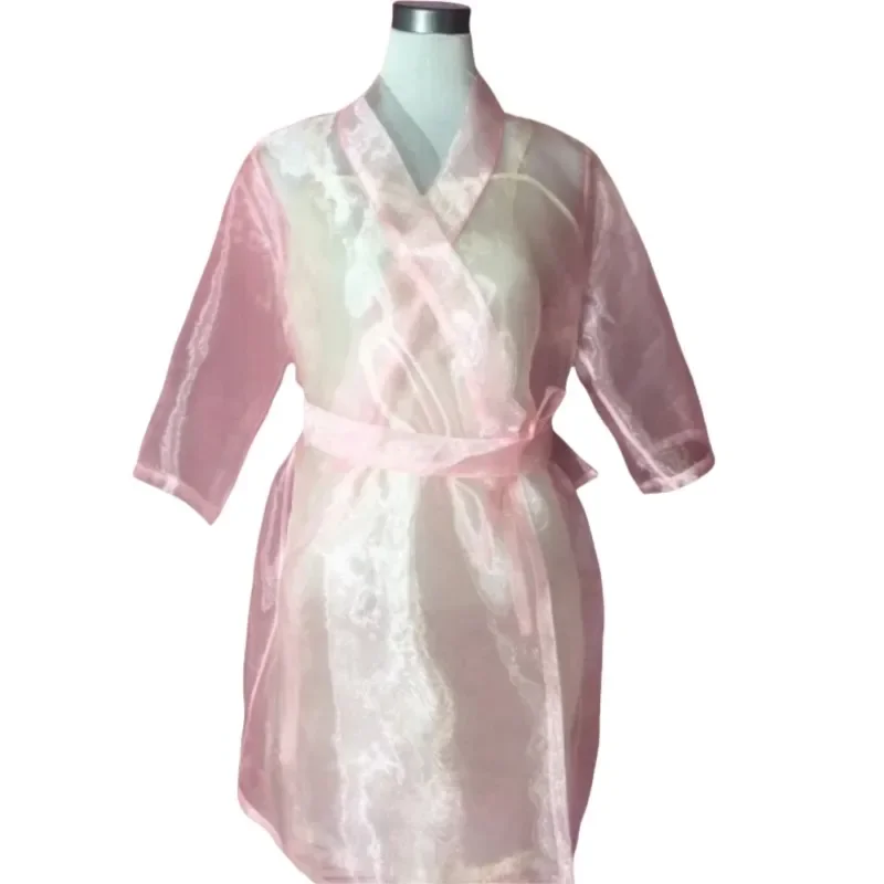 

Men Sissy Pink See Through Organza Slip Dress Robe Set Women Erotic Nightclothes Sheer Plus Size Soft Silky Touch Nightgown