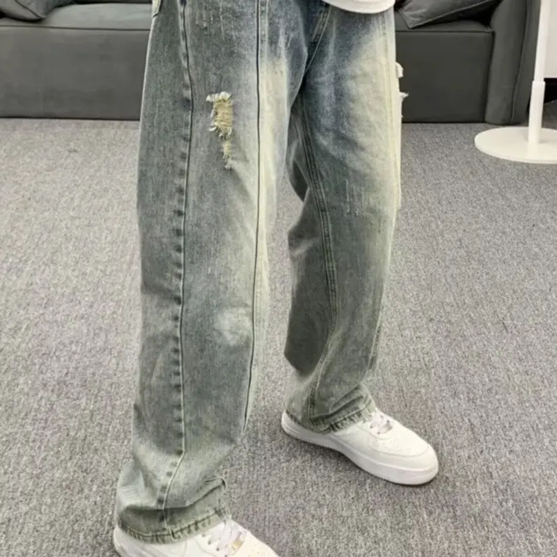 الصيف حجم كبير الأمريكية الرجعية شارع العليا Waed عادية فضفاض الرجال الجينز ثقب اللكم مستقيم الساق فضفاضة تناسب الجينز
