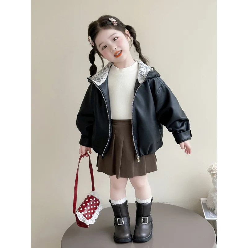 

Girls Lace Spliced Hooded Leather Jacket Stylish Children's Clothing Spring Autumn Baby Girl Jacket Top