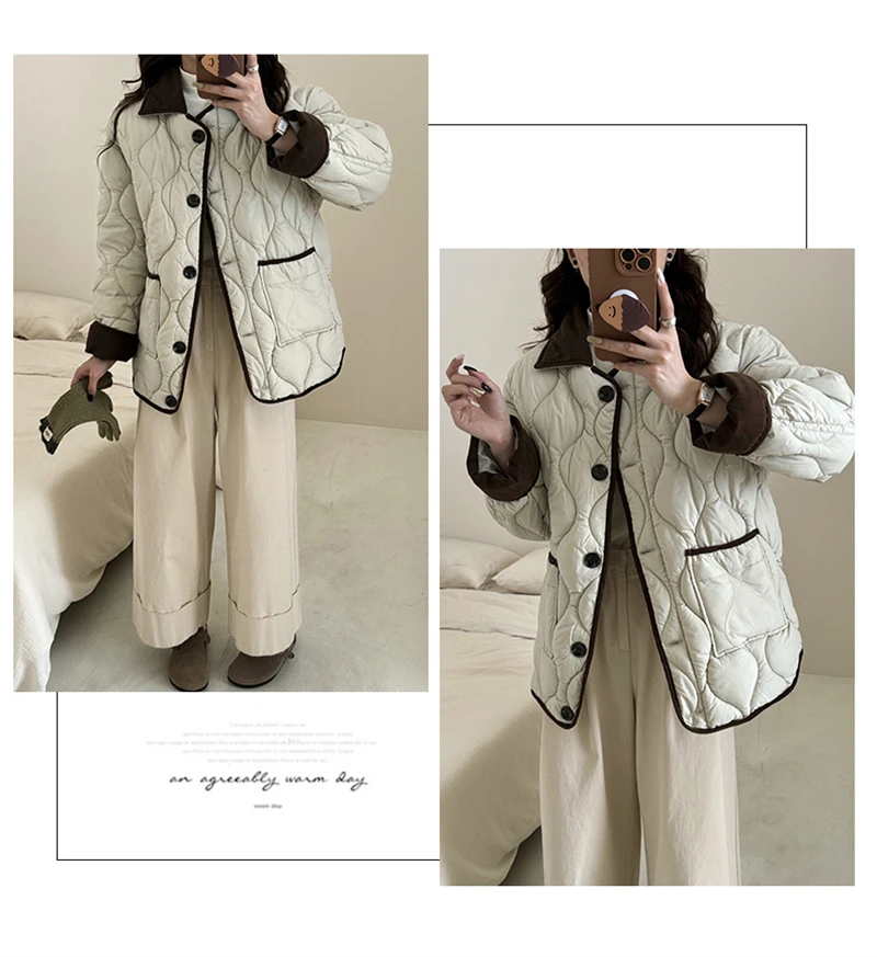 Autumn Down Cotton Padded Jacket Women's 2025 Contrast Lapel Rhombic Thin Short Loose Spring Cotton Padded Casual Coats Female