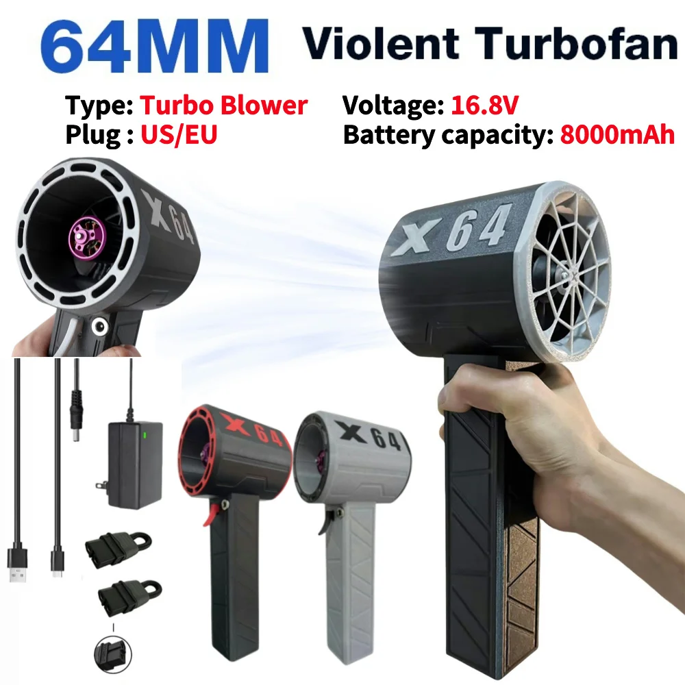 

2024 Mini Turbo Jet Fan 64mm Brushless Motor Handheld Duct Turbo Jet Fan 1400g Thrust 8000mAh Violent Turbo Fan Car Air Blower