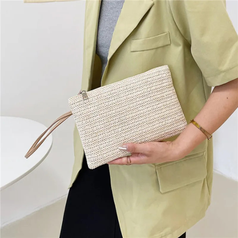 Weaving Bag Fashion Ladies Wristlet Clutch Women Daily Money Phone Clutch Solid Straw Woven Coin Purse Beach Wallet Card Holder