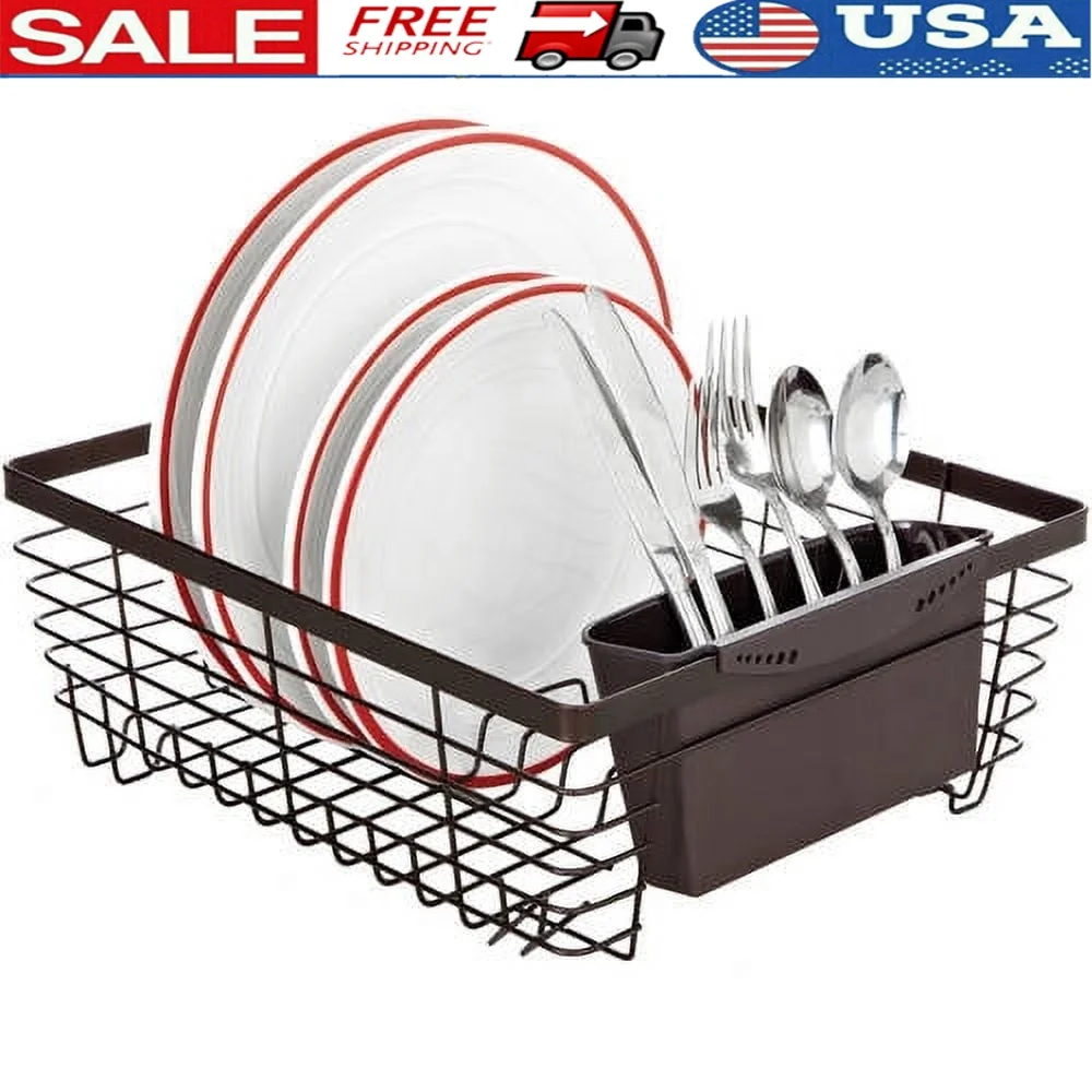 

Плоская проволочная полка для посуды с корзиной для столовых приборов, открытый дизайн, тарелки, миски, кружки, дренаж воды, кухонный органайзер, железо 5,5 х 13,9 л