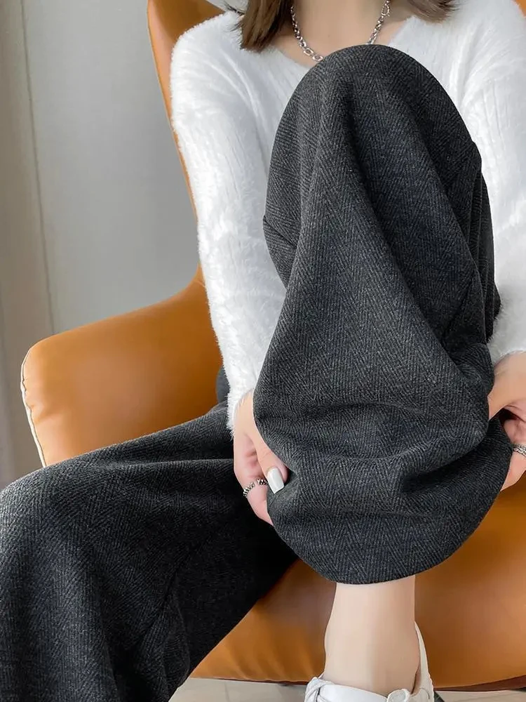 Outono falso lã calças de perna larga feminina y2k cintura alta solta casual calças de perna larga coreano inverno quente streetwear calças retas