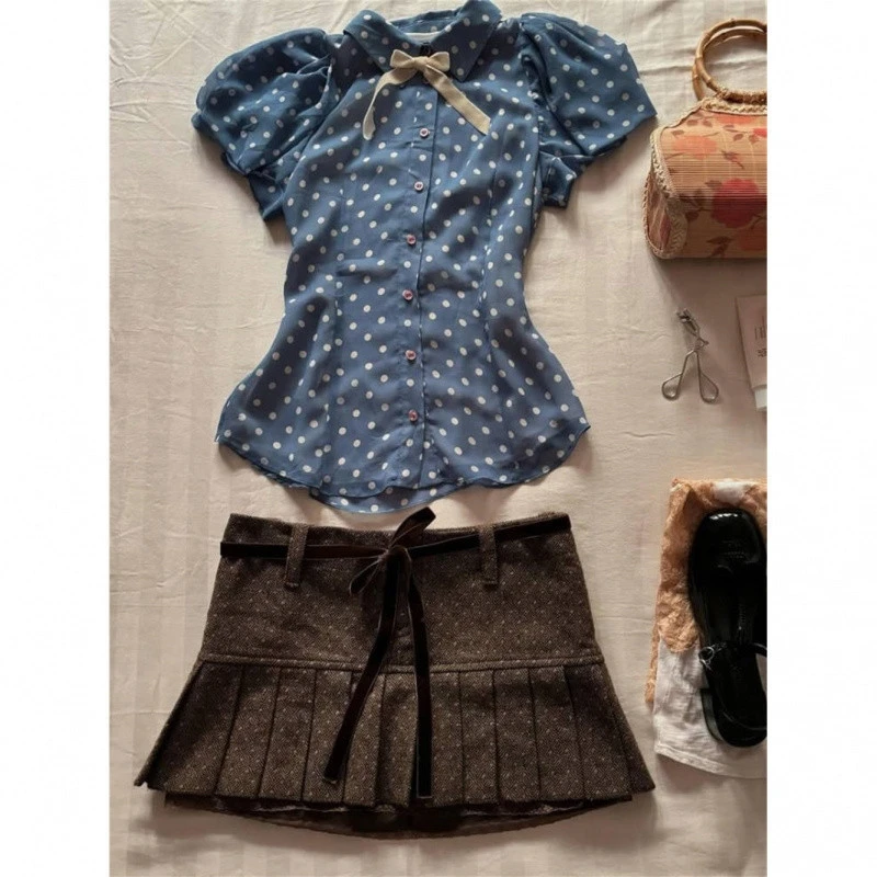 

Y2k 2 Piece Set Polka Dot Tshirt Slim Bow Sweet Short Sleeve Harajuku Goth Punk Korea High Waist Mini Skirt 2000s Summer Vintage
