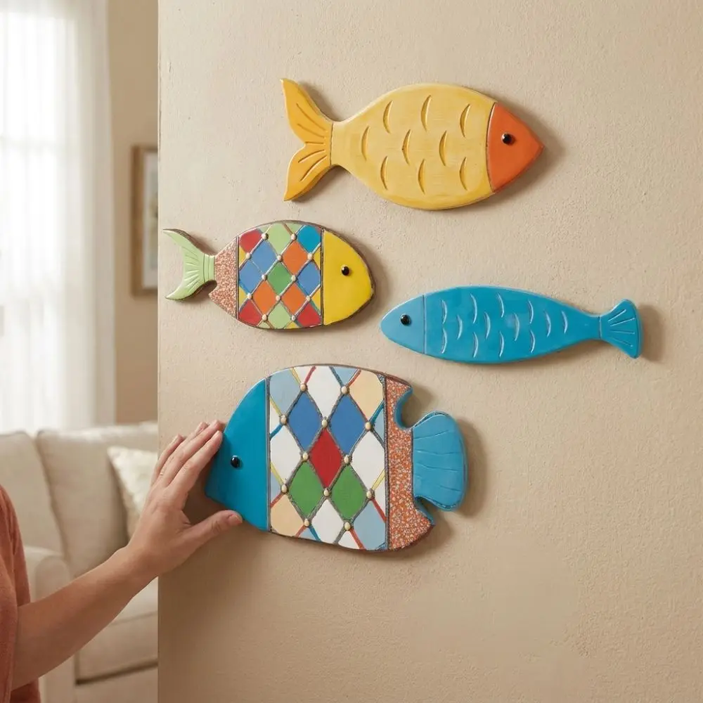 2D Fish Shaped Wood Fish Wall Decor Beach Theme School of Fish Nautical Fish Art Sculpture Vintage Style Rustic Retro