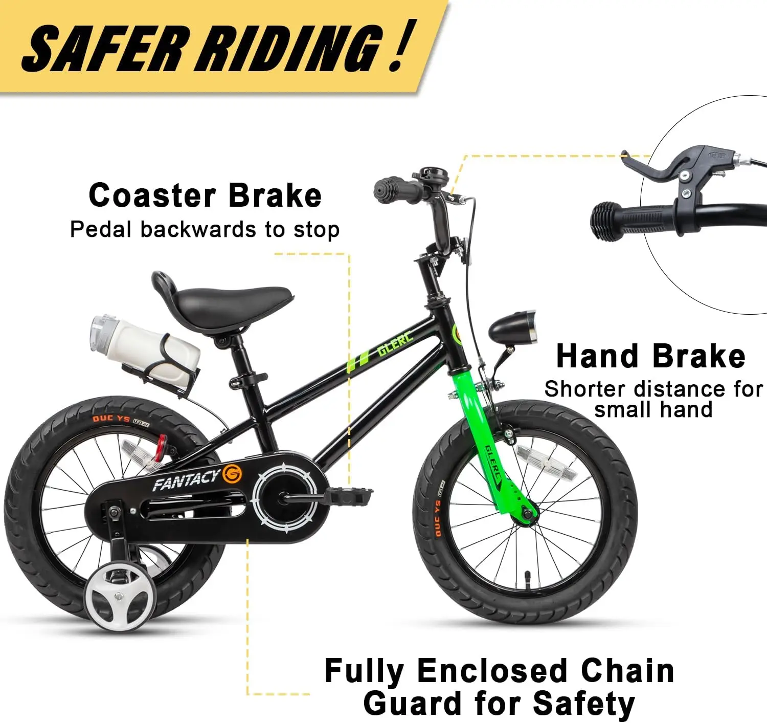 물병 거치대 및 헤드라이트 및 훈련 바퀴, 블랙 14 인치 어린이 자전거, 2-14 세 남아 여아