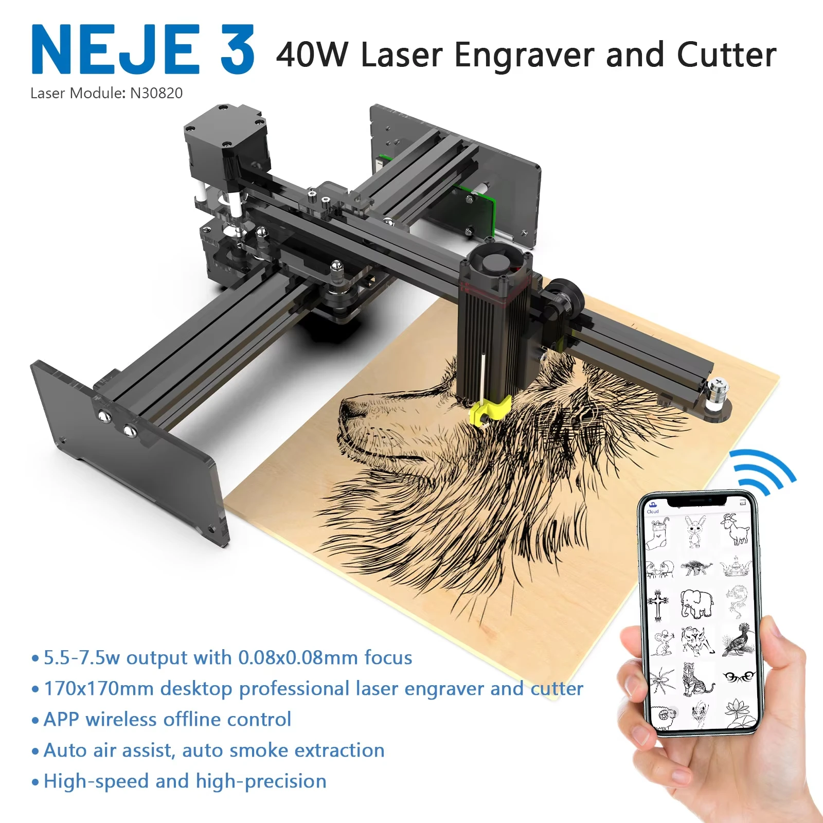 Neje 5 40w n30820 desktop cnc gravador a laser cortador de corte de madeira máquina de corte impressora roteador app-bluetooth lightburn