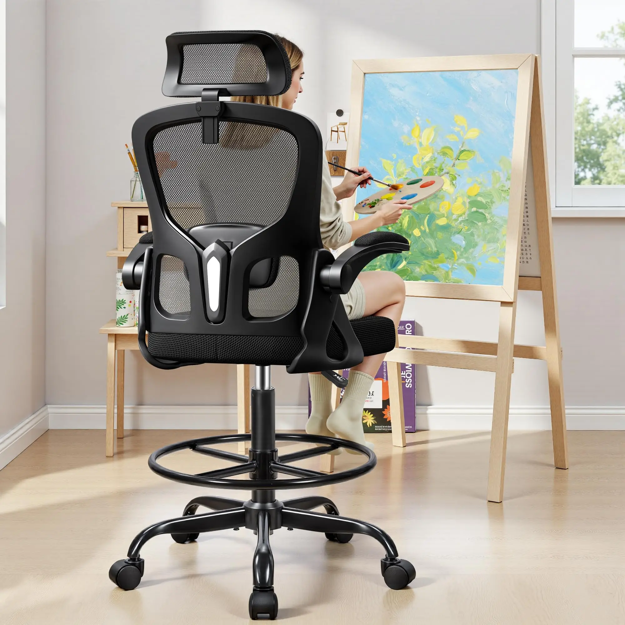 Drafting Chair, Tall Office Chair for Standing Desk, Ergonomic High Back with Headrest, Lumbar Support, Foot Ring and