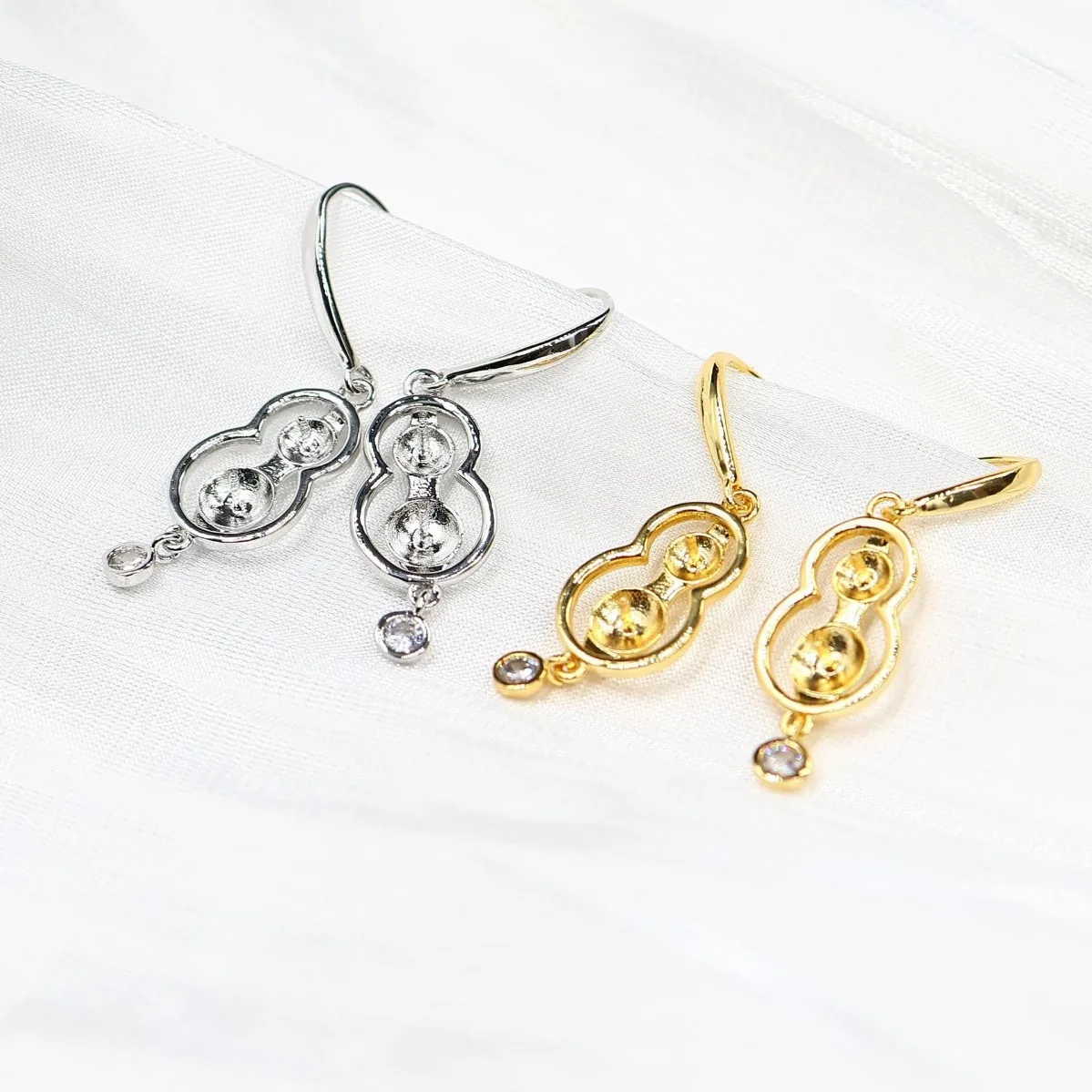 Brass Gold Plated CZ Gourd Blank Setting S925 Silver Needle Women DIY Pearl Earring Accessories Chinese Classic Fit 5-8mm Pearls