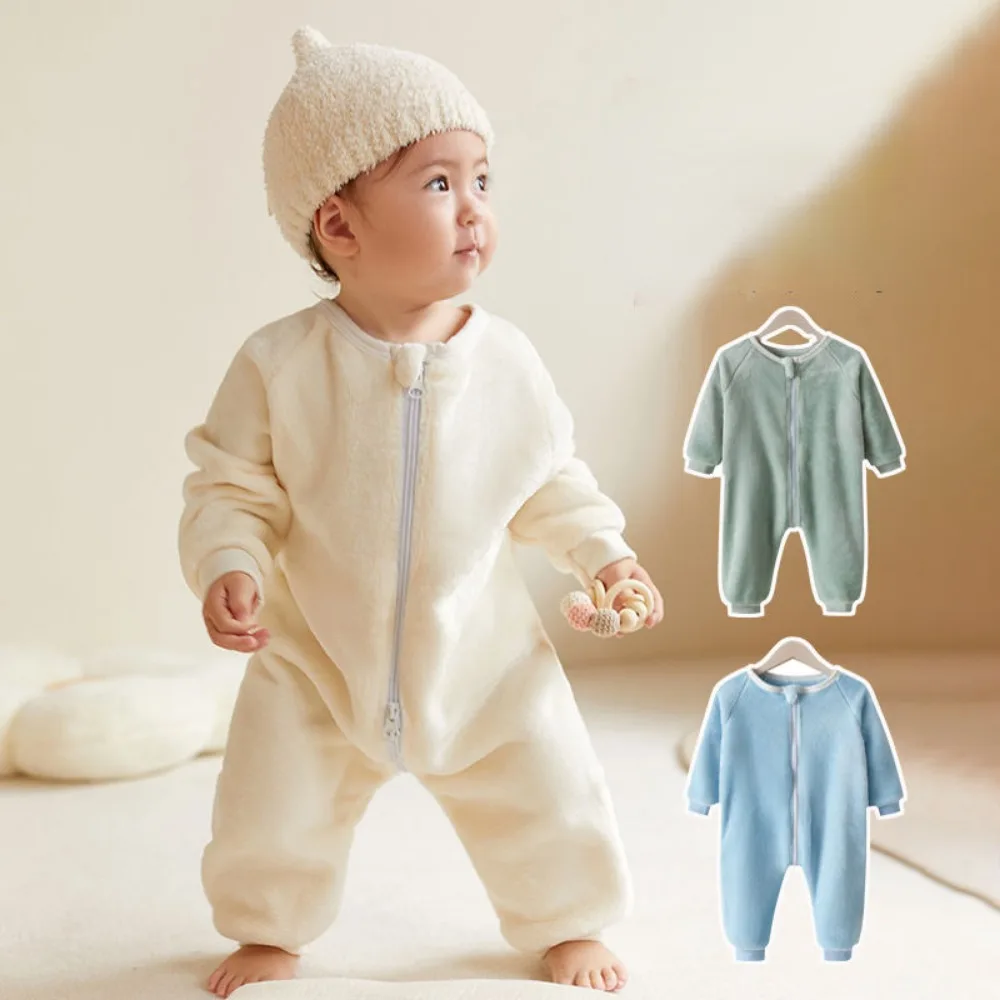 Girls Boys Pajamas Solid Color One Piece Flannel Sleepwear Autumn Winter Baby Coral Velvet Children's Sleeping Bags Home Clothes