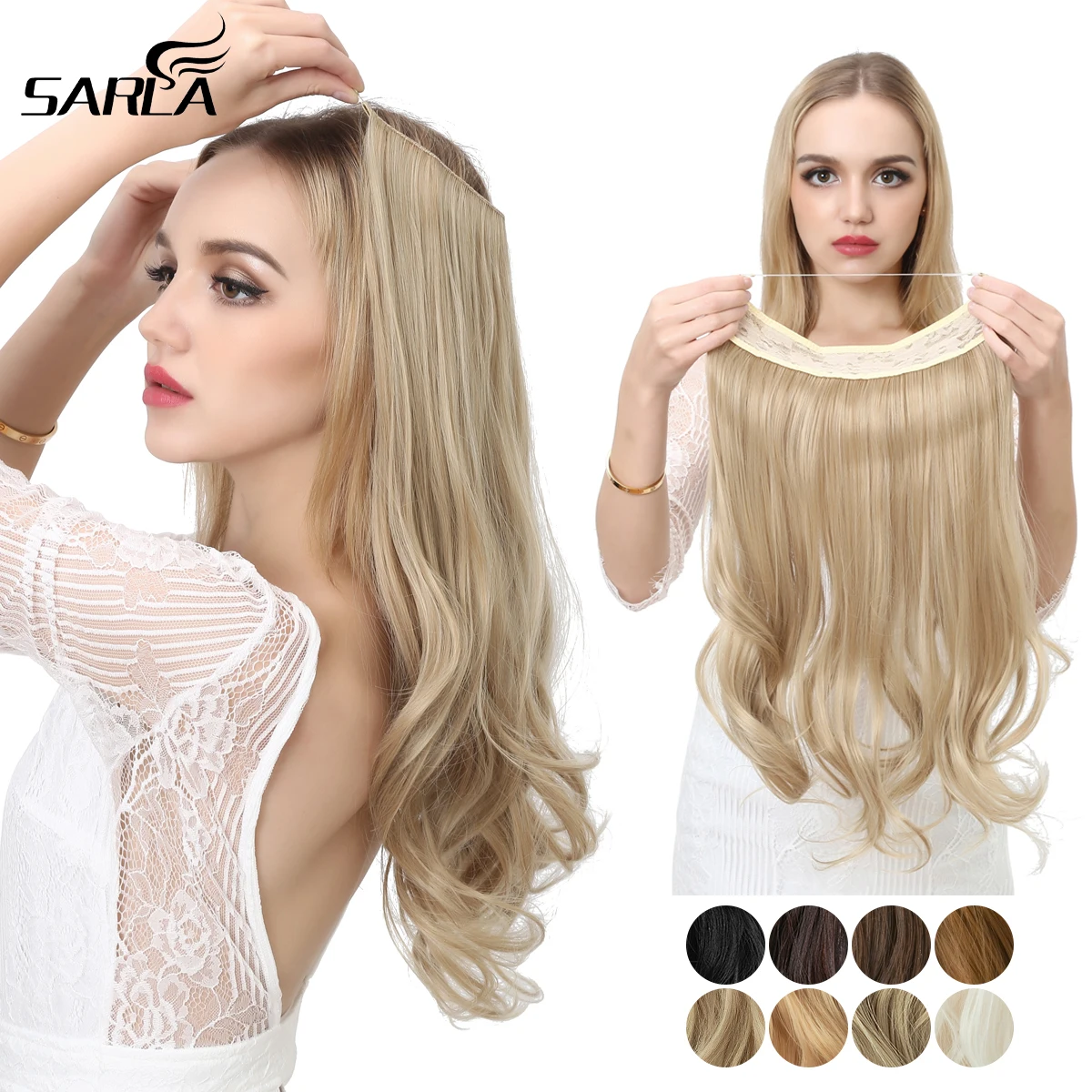 

Synthetic No Clip In Hair Extension Natural Long Ombre Black Blonde Pink One Piece Wave Invisible Wire False Fake Hairpiece