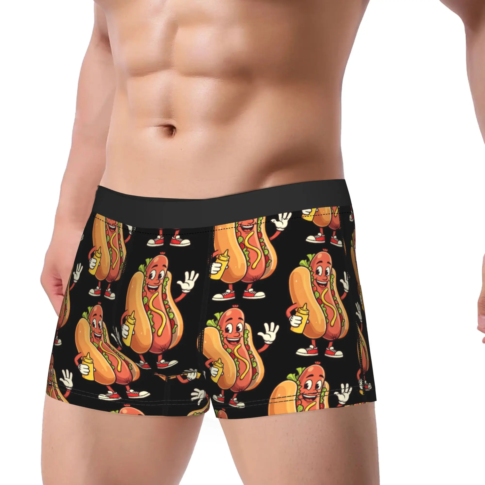 Cartoon Hot Dog With Mustard Bottle Waving Hand Underwear  Custom Boxershorts Trenky Man Underpants Breathable Boxer Brief Gift