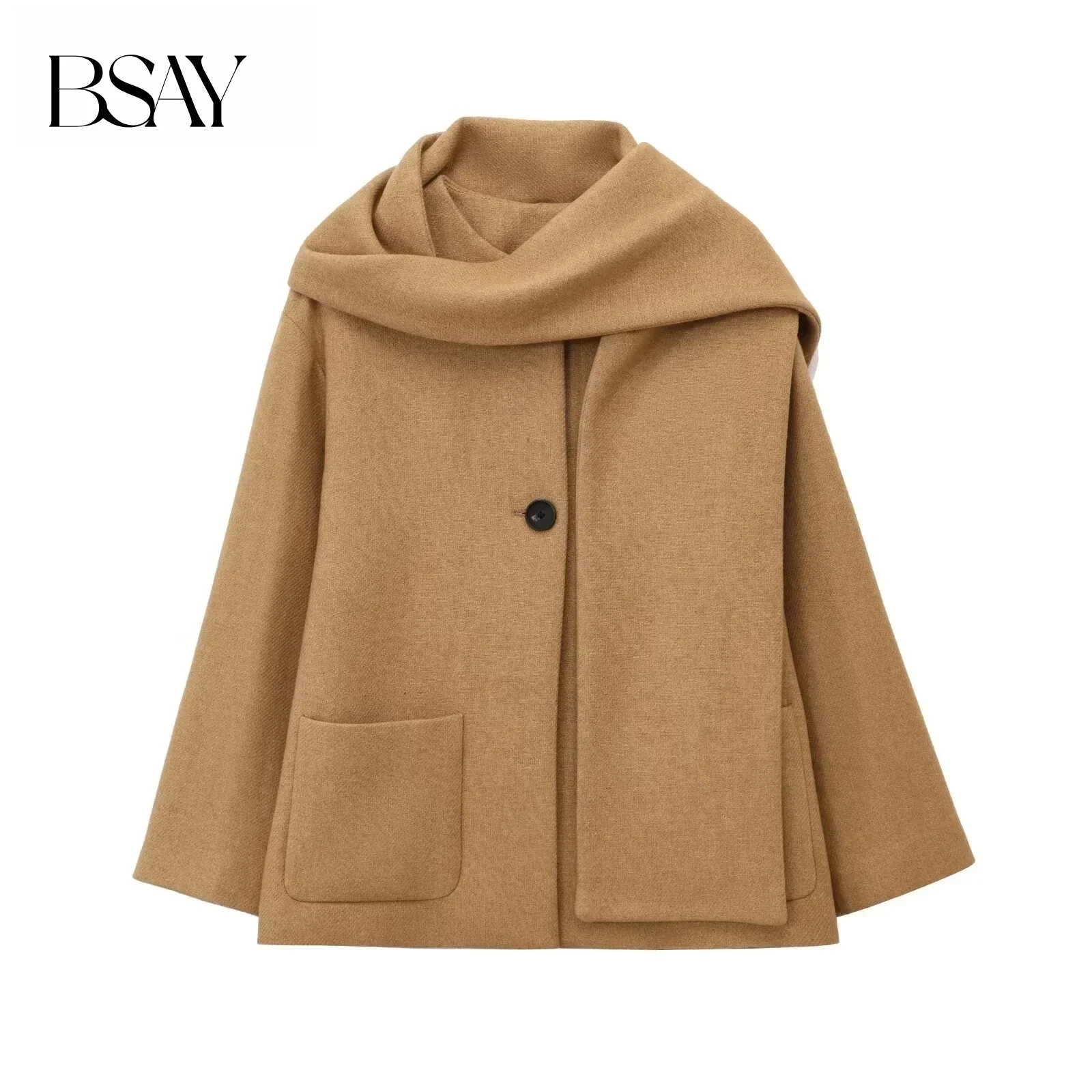 BSAY Blended Coat for Women Fashion Autumn Winter New Scarf Round Neck Long Sleeved Single Button Coats Chic Ladies Tops Mujer