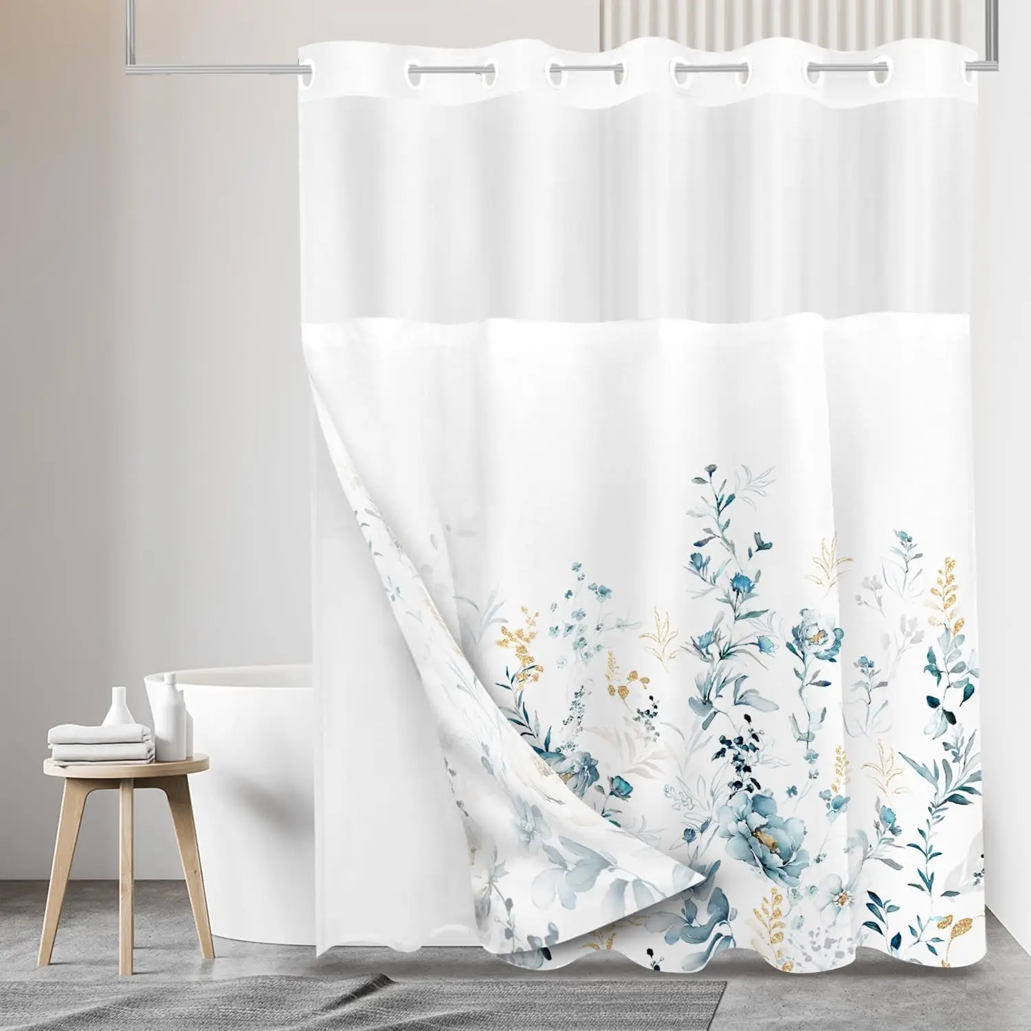 

No Hooks Snap in Liner Watercolor Blue Floral Shower Curtain Sets, Hotel Luxury Double Layers Waterproof Fabric & See-Th