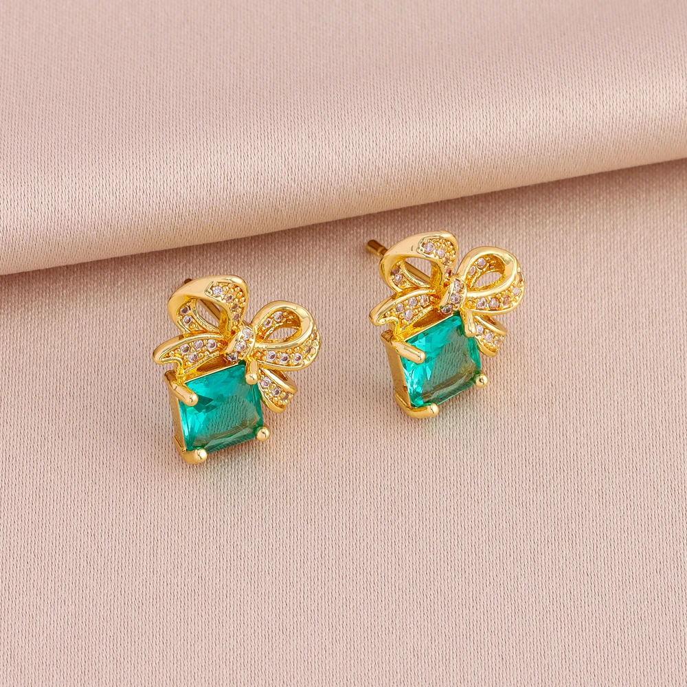 New Retro Blue Zircon Bowknot Necklaces Earrings For Women Trendy 18K Gold Plated Female Stainless Steel Jewelry Set Wholesale