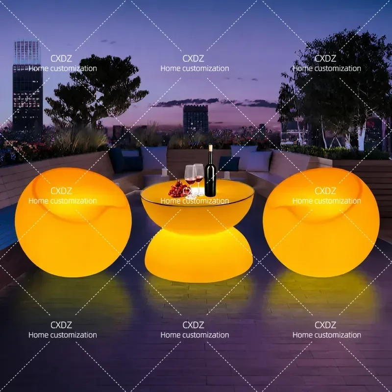 LED Luminous Table and Chair Set Apple Stool Creative Round Bar Table Remote Control Colorful Charging PE Furniture