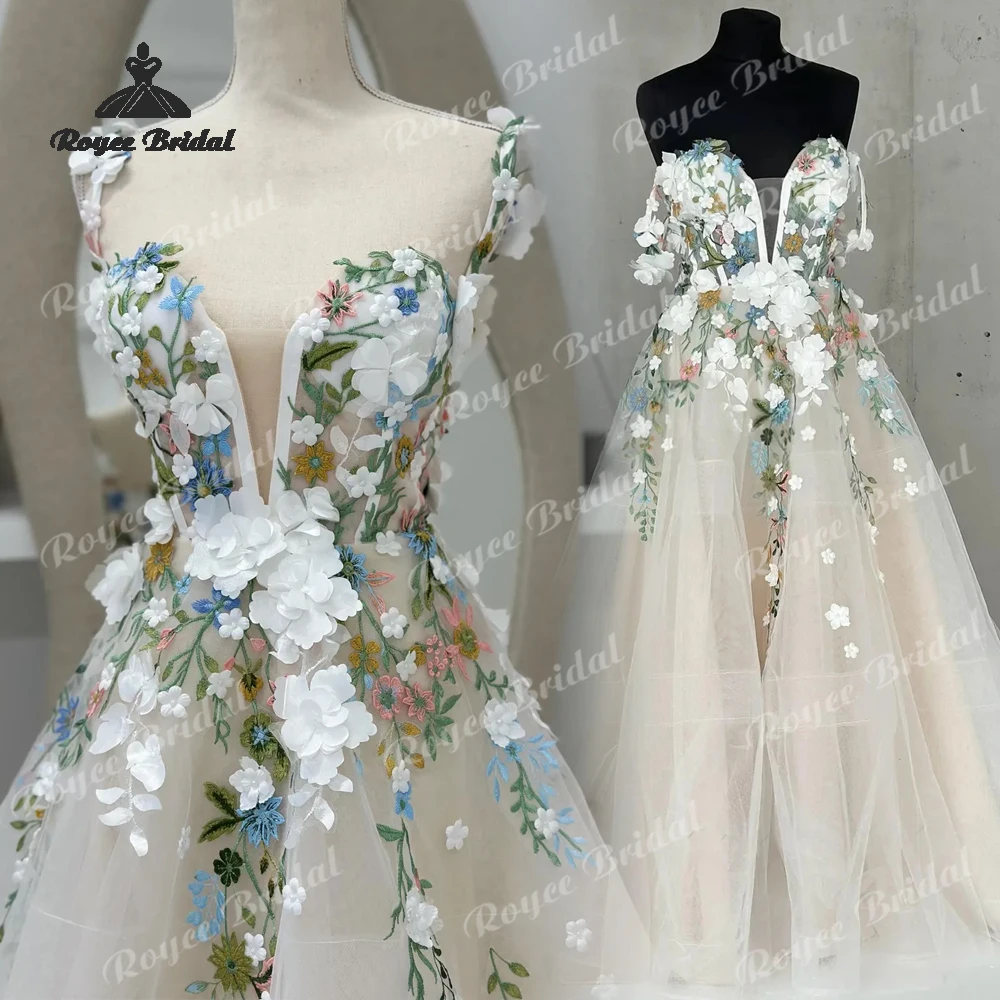 Deep V Neck Rustic Floral A Line Wedding Dresses 2026 Colorful Wildflower Appliques Bridal Gown Customized vestido de novia