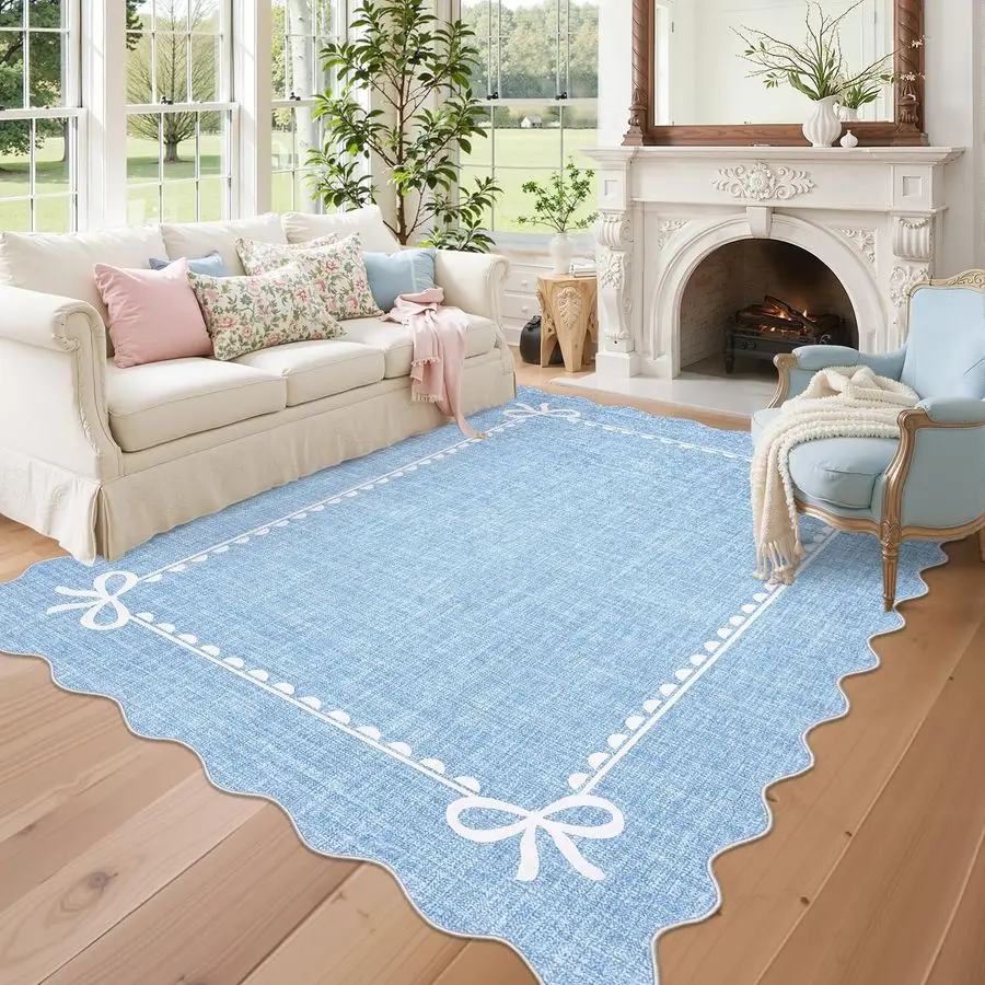 

Scalloped Bow Rug for Living Room, Solid Blue Rug for Dorm, Washable Rugs 5x7 Soft Low Pile Non Slip Scalloped Rugs for Nursery