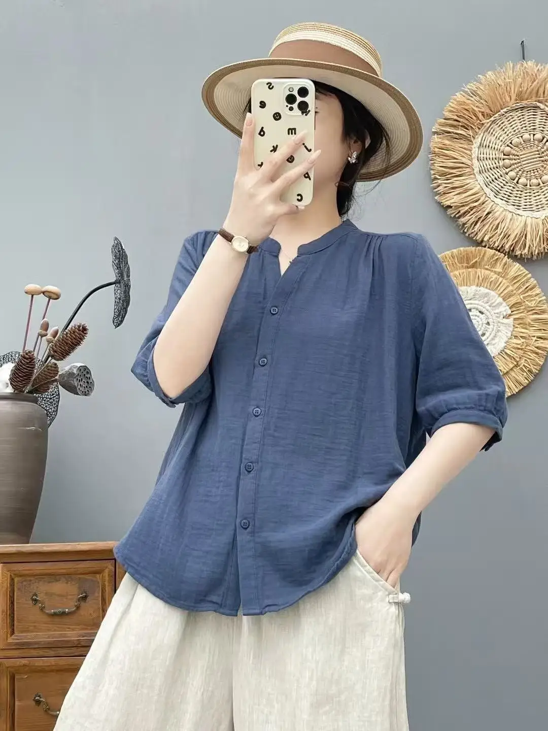 New 2025 Summer Cotton Yarn Half Sleeve Shirt, Women V Neck Pocket Solid, Mori Girl OL Versatile Casual Loose Blouse T55545CC