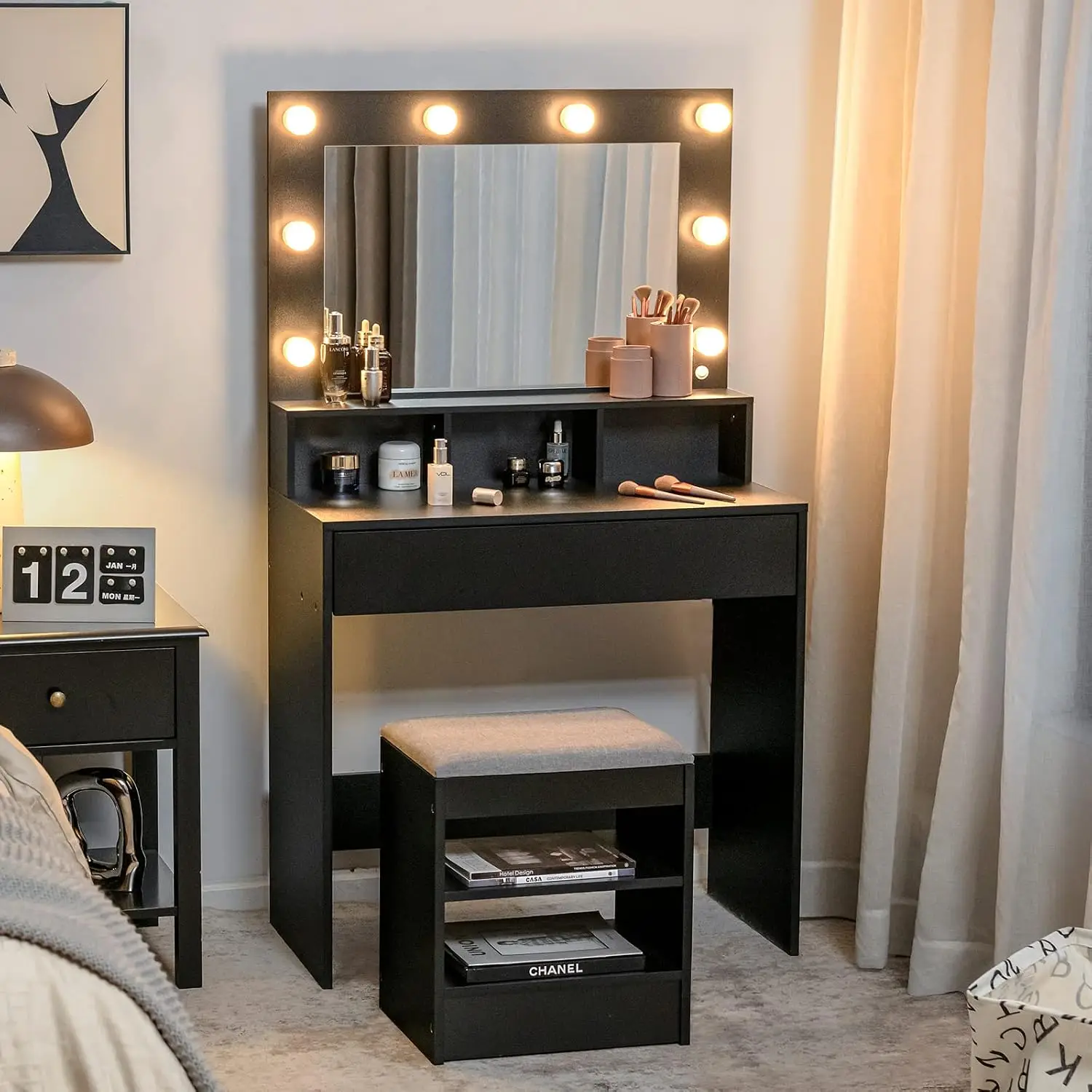 CHARMAID Vanity Table Set with Lighted Mirror, 8 Bulbs, Large Drawer, Tabletop Storage Shelf, Modern Bedroom Vanity Desk Makeup