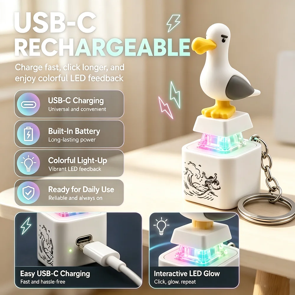 Llavero con diseño de gaviota y pato, juguete antiestrés con luz LED y sonido, recargable por USB-C, colgante para bolso, regalo para adultos