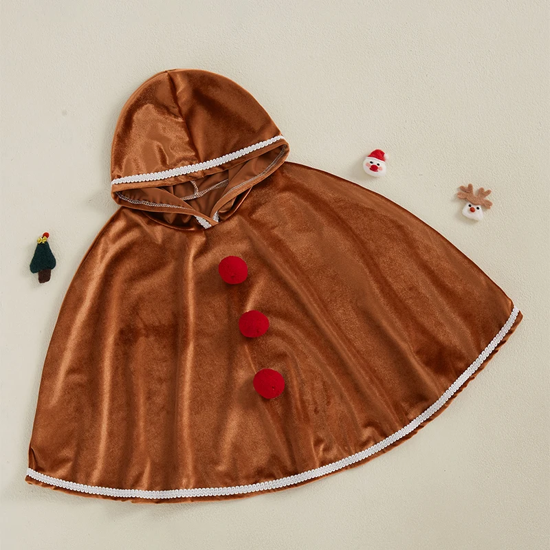 Tregren 1-6Y Kids Boys Girls Christmas Robe Gingerbread Man Bobbles Velvet Hooded Cloak Christmas Party Costume Masquerade Cape