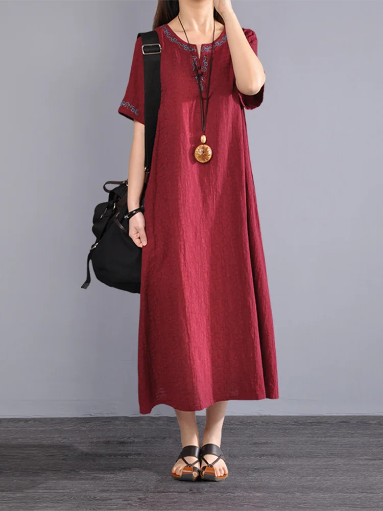 Japonês Sle Algodão Linho Bordado Emagrecer Solto V-Ne ort Sve Seda Longo Robe Dr Étnico Vento Verão D...