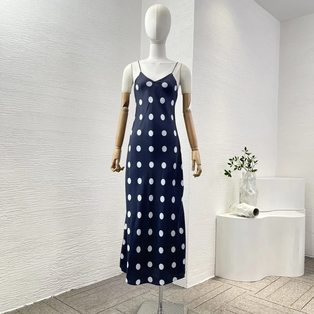 2024 New Silk High Quality Navy Blue Polka Dots Print Sling Sleeveless Midi Dress