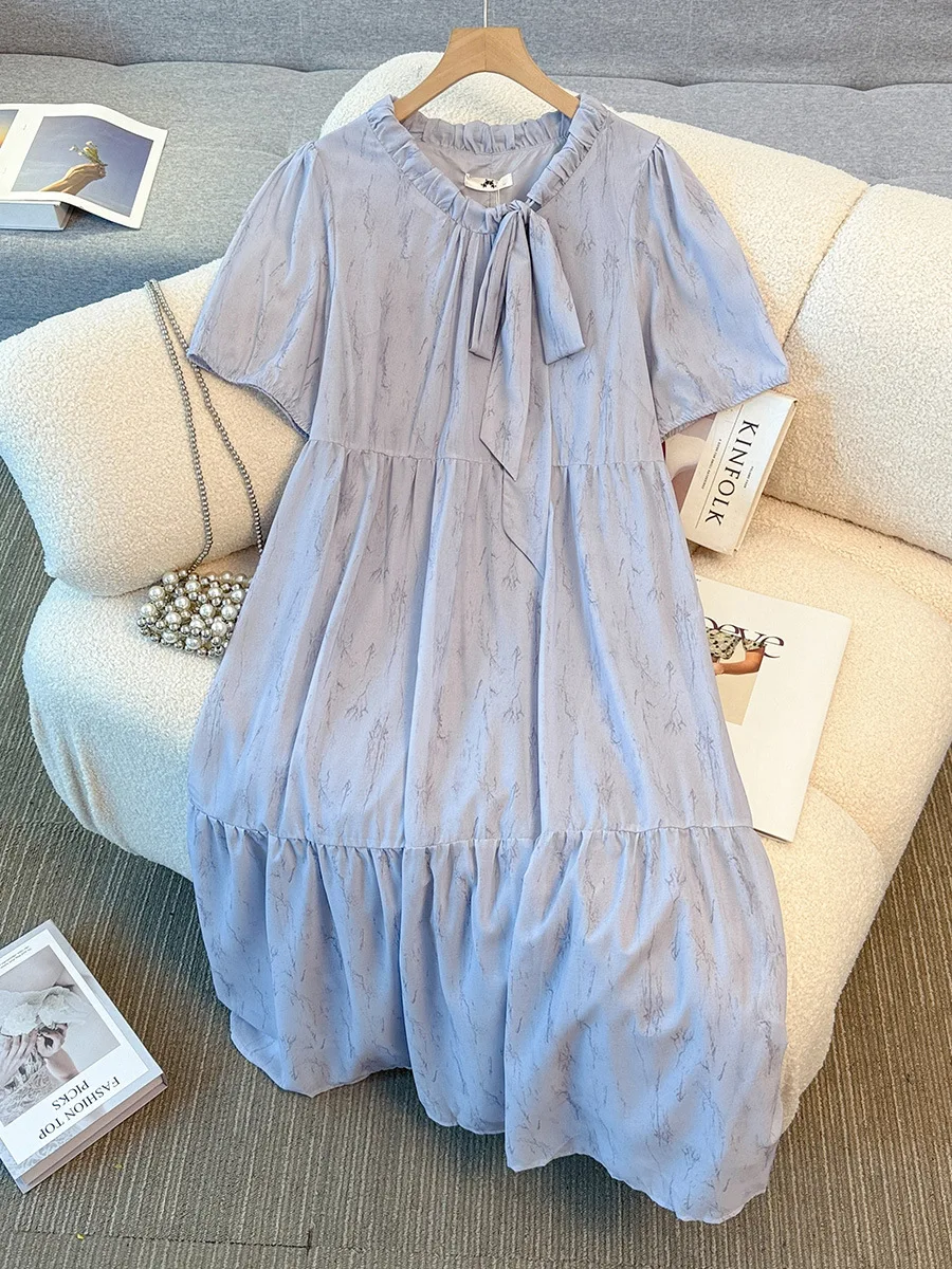 

150Kg Plus Size Women's Bust 154 Summer Loose Bow Tie Tied Short Sleeved Dress 5XL 6XL 7XL 8XL 9XL