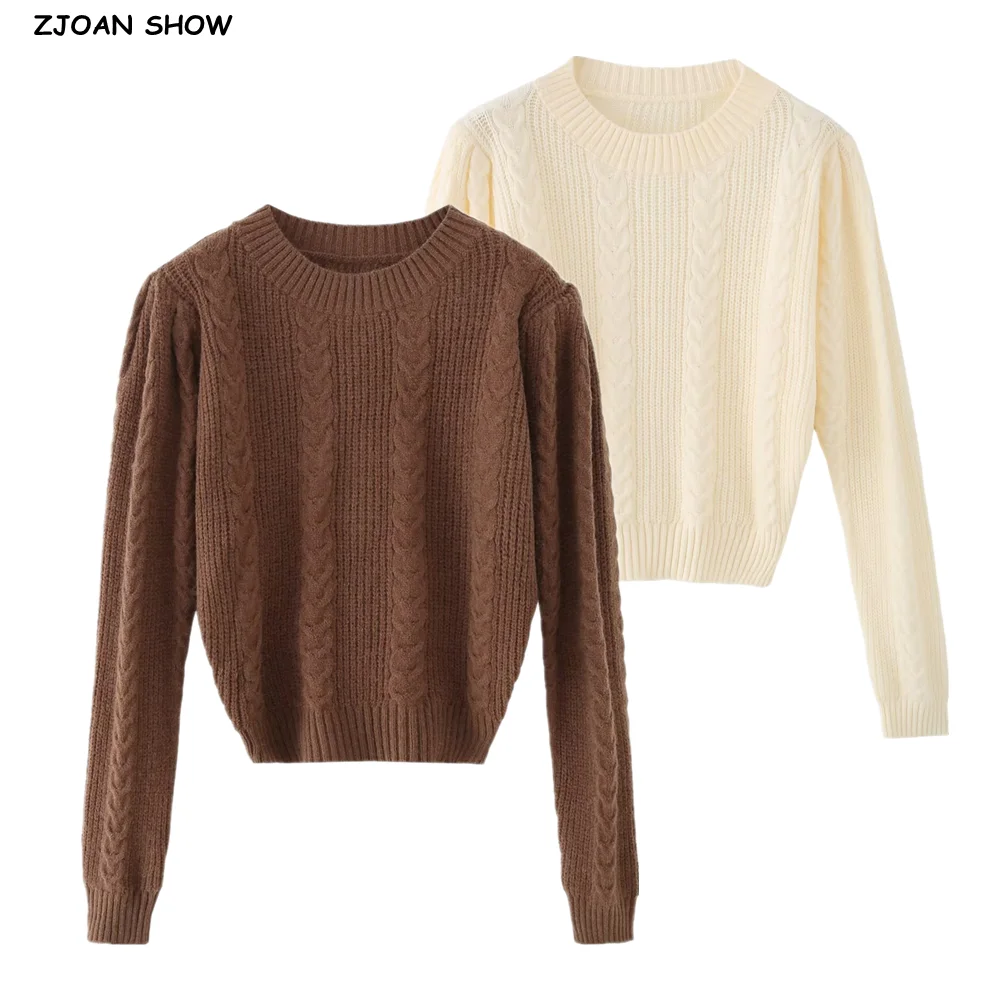 

2025 Autumn O neck Twist Rib Knitted Pullover Sweater Woman Long Puff Sleeve Short Knitwear Coffee Beige
