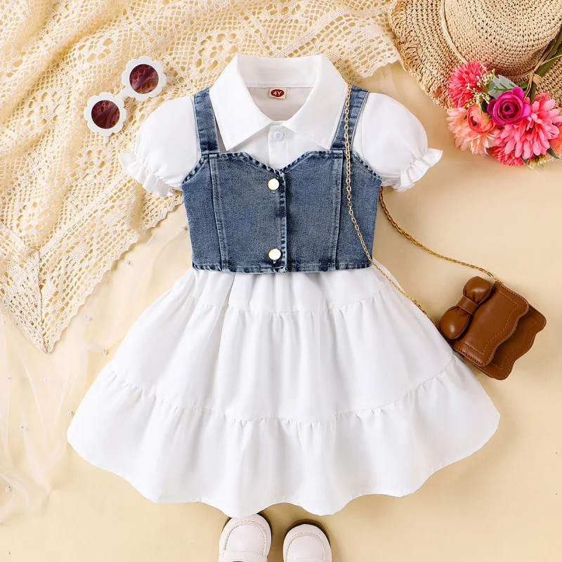 

New Summer Trendy Girls' Outfit: Little Girls' Bubble Sleeve Dress+Two denim suspenders