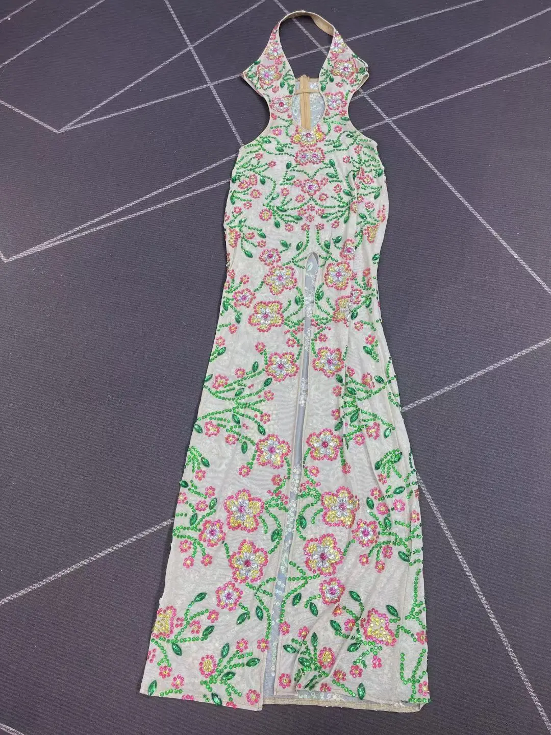 Luxury Sparkly Flower Rhinestone Sheer Mesh Evening Dress Prom Sexy Women Low-cut High Slits High-end Formal White Gown Lvhuaduo