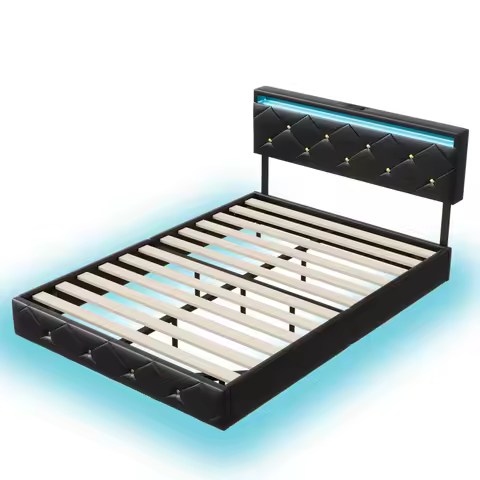 Anajqaqia 140×200 cm/160×200 cm Upholstered Double Bed, with USB Charging Port and Slatted Frame, with LED Light Headboard, PU